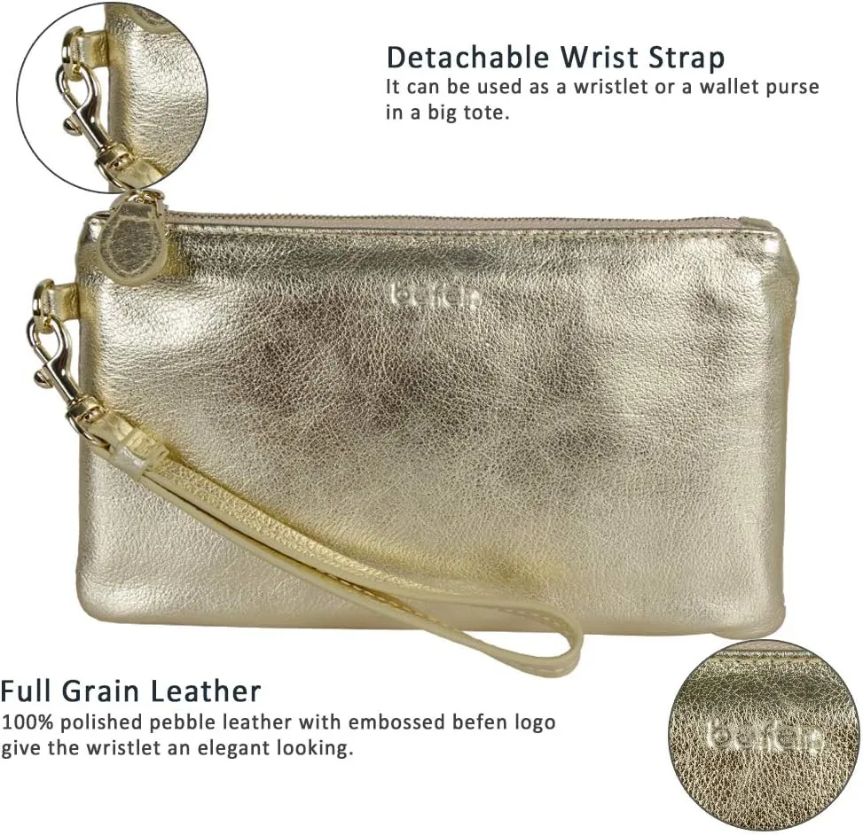 befen Women's Genuine Italian Leather Wristlet Clutch Wallet Purse, Gold Zipper