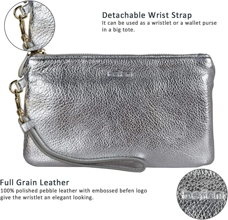 befen Women's Genuine Italian Leather Wristlet Clutch Wallet Purse, Gold Zipper