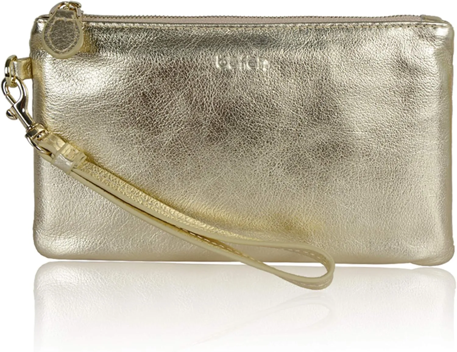 befen Women's Genuine Italian Leather Wristlet Clutch Wallet Purse, Gold Zipper