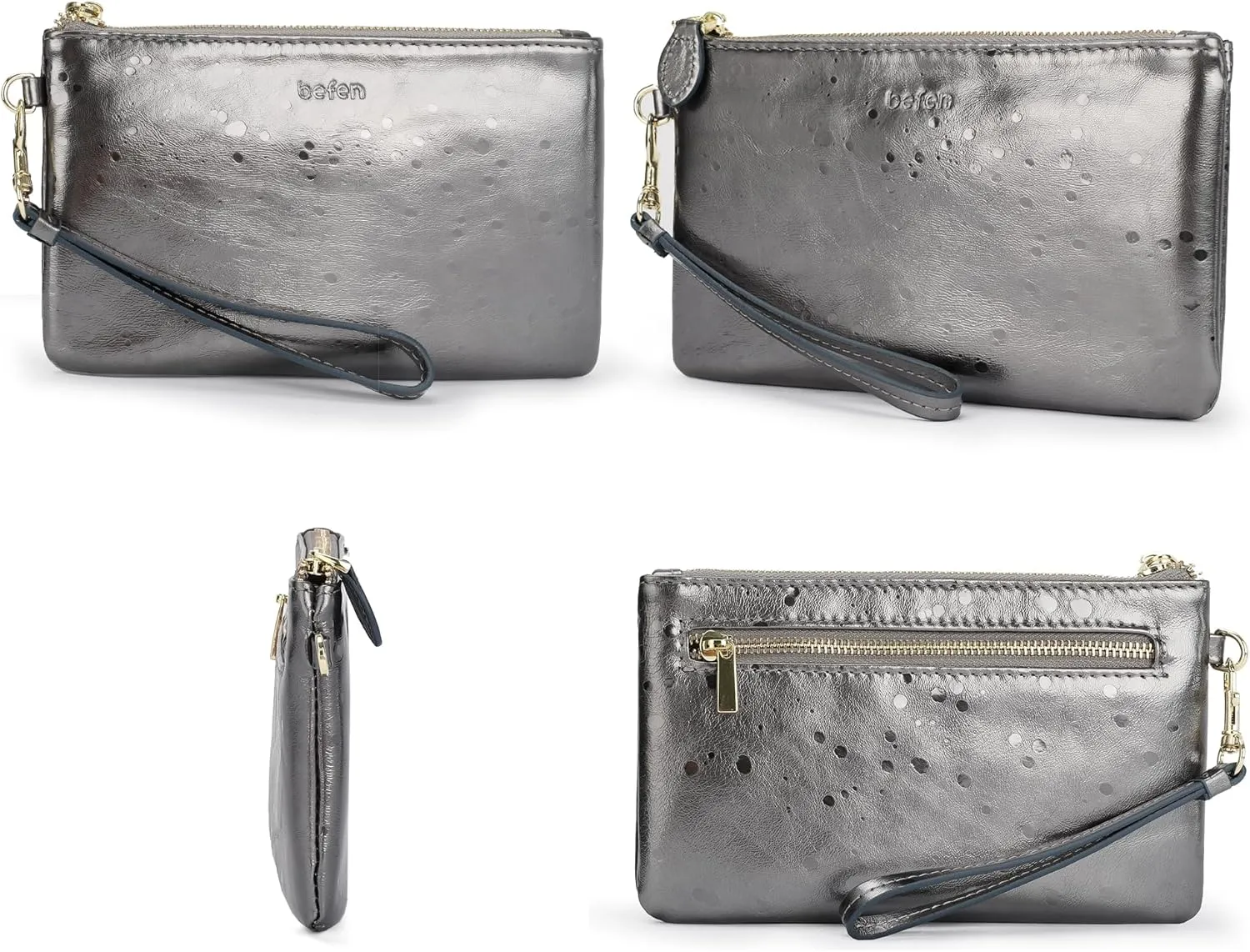 befen Women's Genuine Italian Leather Wristlet Clutch Wallet Purse, Gold Zipper