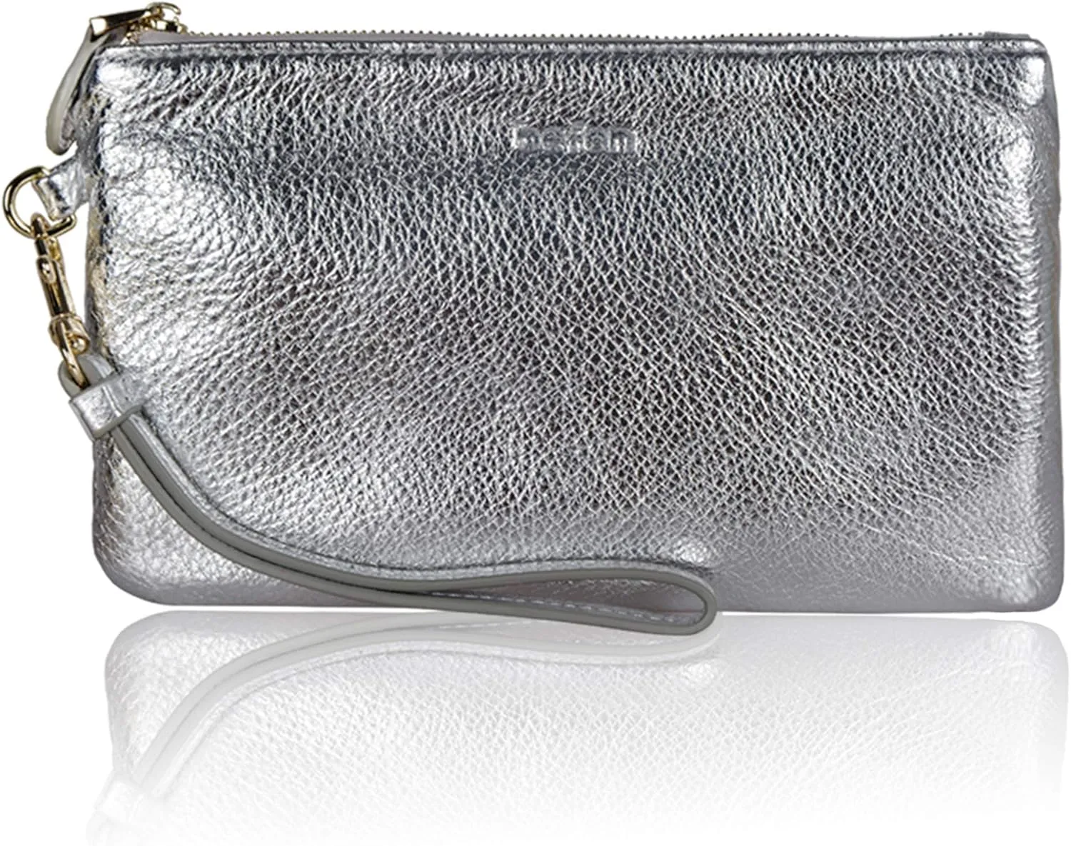 befen Women's Genuine Italian Leather Wristlet Clutch Wallet Purse, Gold Zipper