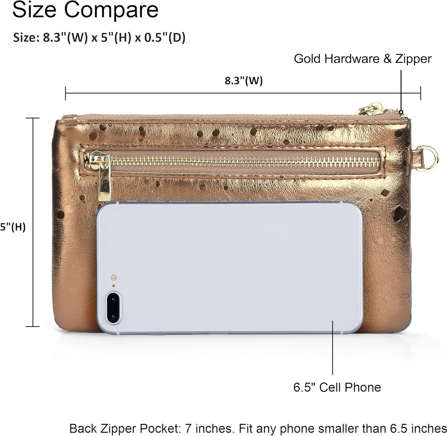 befen Women's Genuine Italian Leather Wristlet Clutch Wallet Purse, Gold Zipper