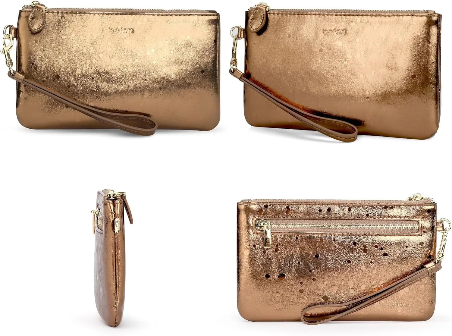 befen Women's Genuine Italian Leather Wristlet Clutch Wallet Purse, Gold Zipper