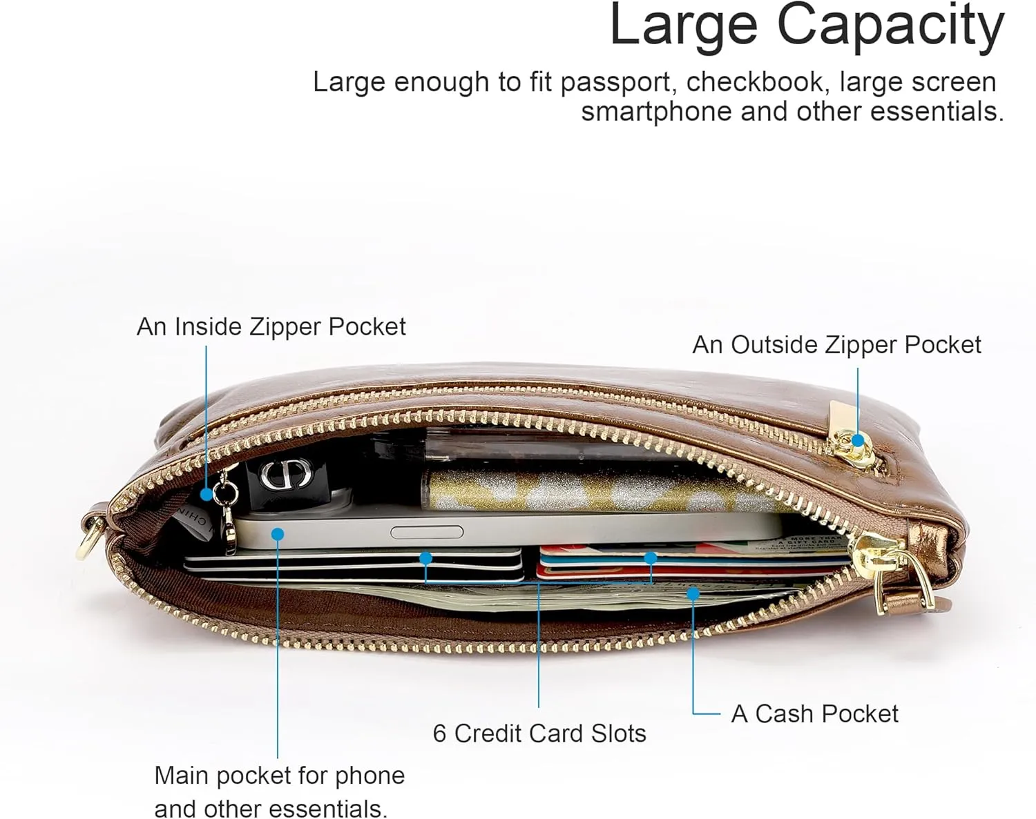 befen Women's Genuine Italian Leather Wristlet Clutch Wallet Purse, Gold Zipper