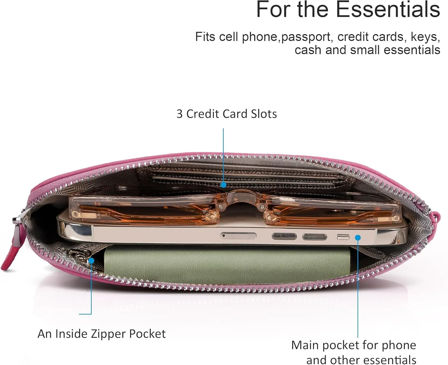 befen Women's Genuine Leather Wristlet Clutch Purse Ladies Slim Corner Zip Wallets, Silver Zipper
