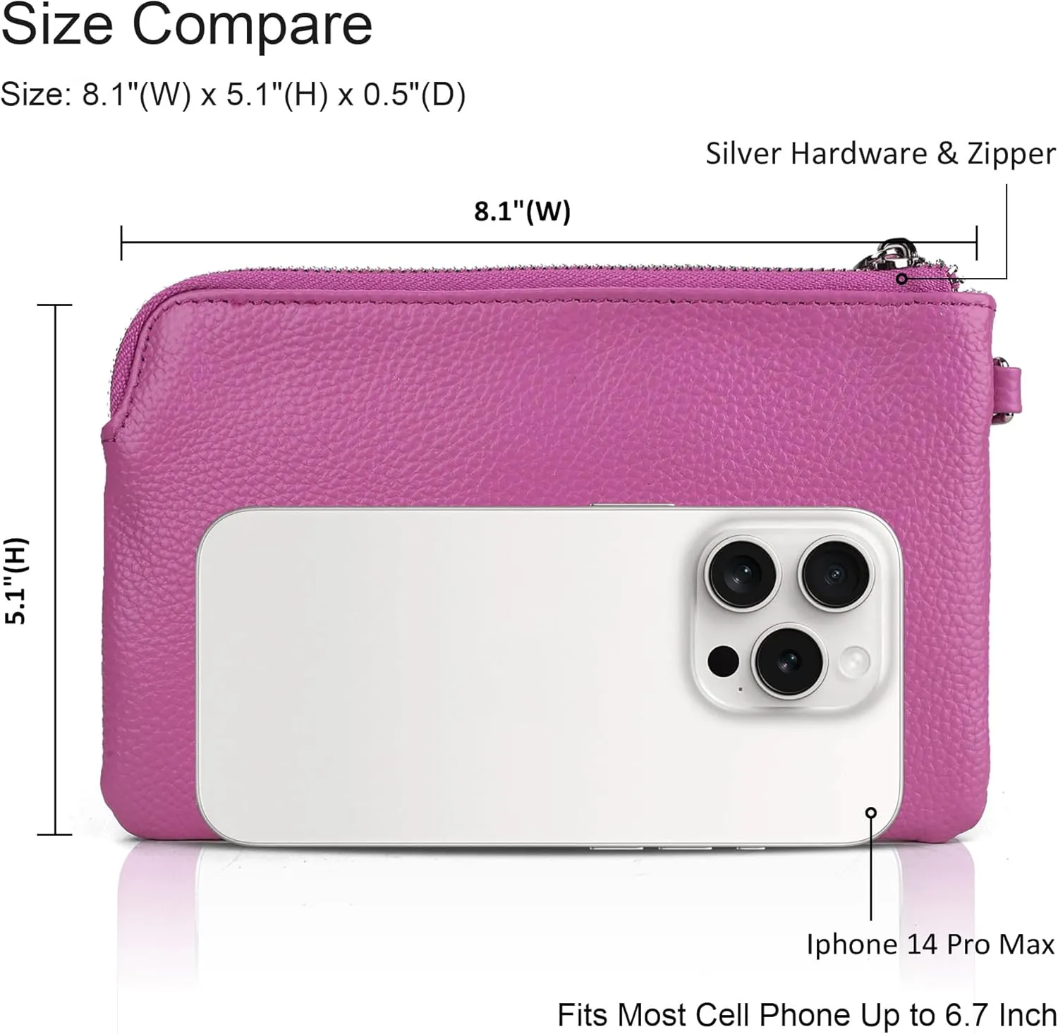 befen Women's Genuine Leather Wristlet Clutch Purse Ladies Slim Corner Zip Wallets, Silver Zipper