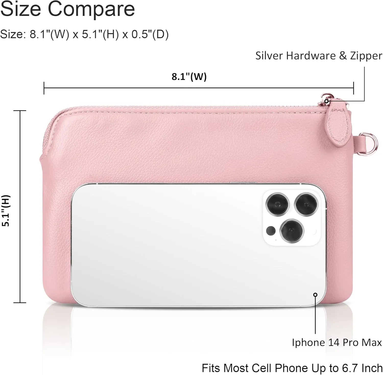befen Women's Genuine Leather Wristlet Clutch Purse Ladies Slim Corner Zip Wallets, Silver Zipper