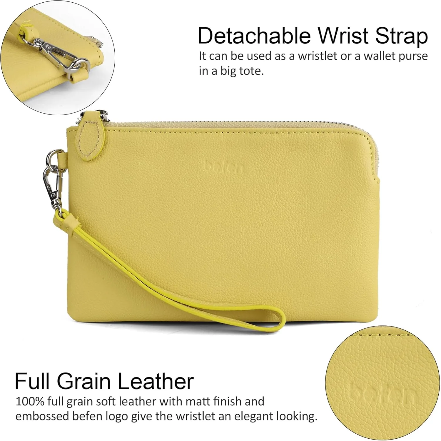 befen Women's Genuine Leather Wristlet Clutch Purse Ladies Slim Corner Zip Wallets, Silver Zipper