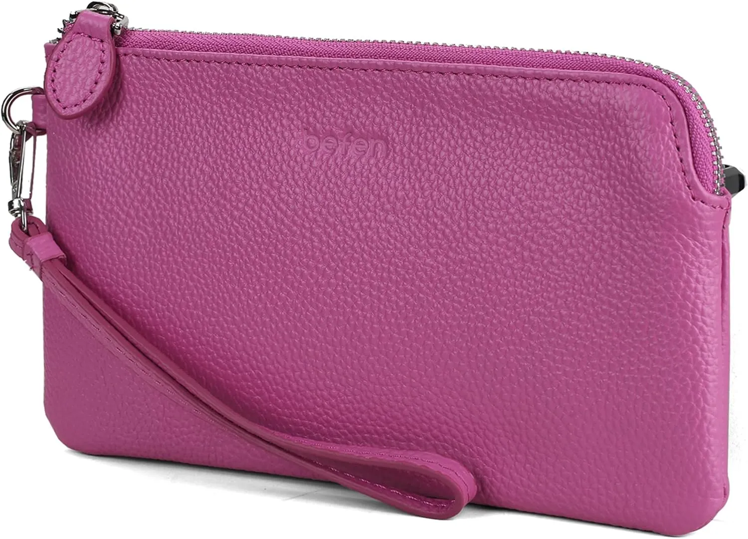 befen Women's Genuine Leather Wristlet Clutch Purse Ladies Slim Corner Zip Wallets, Silver Zipper