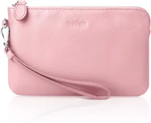 befen Women's Genuine Leather Wristlet Clutch Purse Ladies Slim Corner Zip Wallets, Silver Zipper