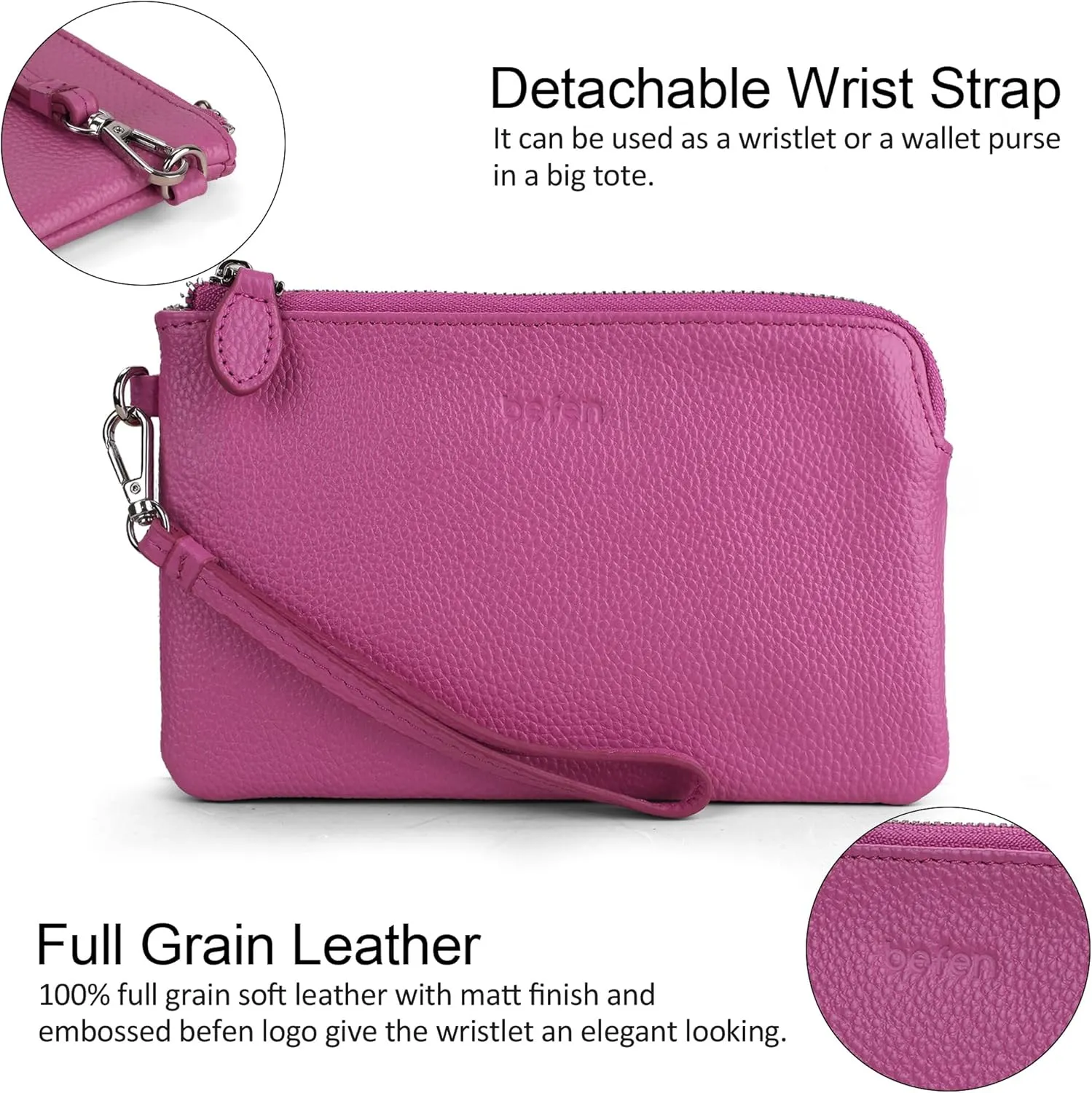 befen Women's Genuine Leather Wristlet Clutch Purse Ladies Slim Corner Zip Wallets, Silver Zipper