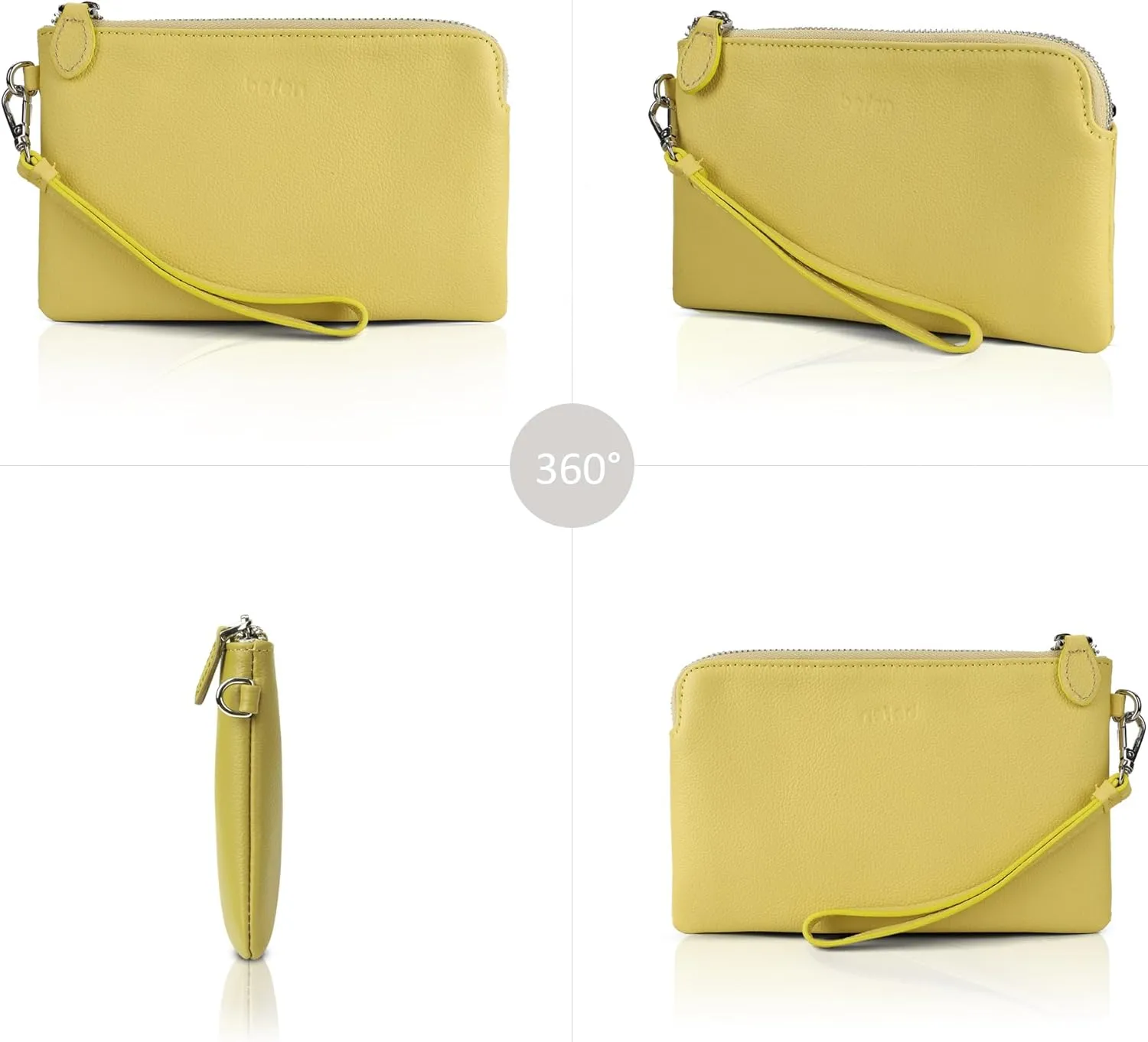 befen Women's Genuine Leather Wristlet Clutch Purse Ladies Slim Corner Zip Wallets, Silver Zipper
