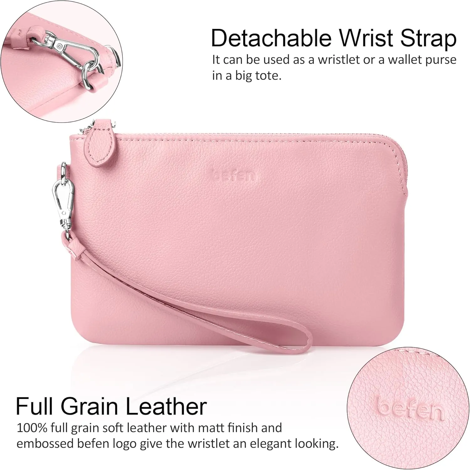 befen Women's Genuine Leather Wristlet Clutch Purse Ladies Slim Corner Zip Wallets, Silver Zipper
