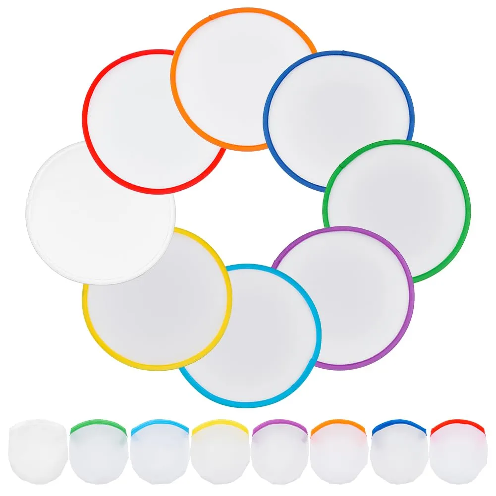 BENECREAT 32Pcs 8 Colors Rainbow Edge White Foldable Fan, 9.8inch Nylon Sublimation Fans Foldable Flying Disc Fans Colorful Edge Fan Set with Bag for Wedding Summer Outdoor Activity