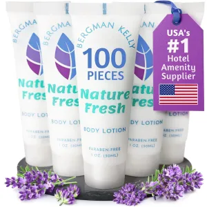 BERGMAN KELLY - Travel Size Lotion - 1 fl oz, 100 PK, Nature Fresh - Delight Your Guests with Refreshing & Soothing Body Lotion - Quality Mini and Small Size Guest Hotel Toiletries in Bulk