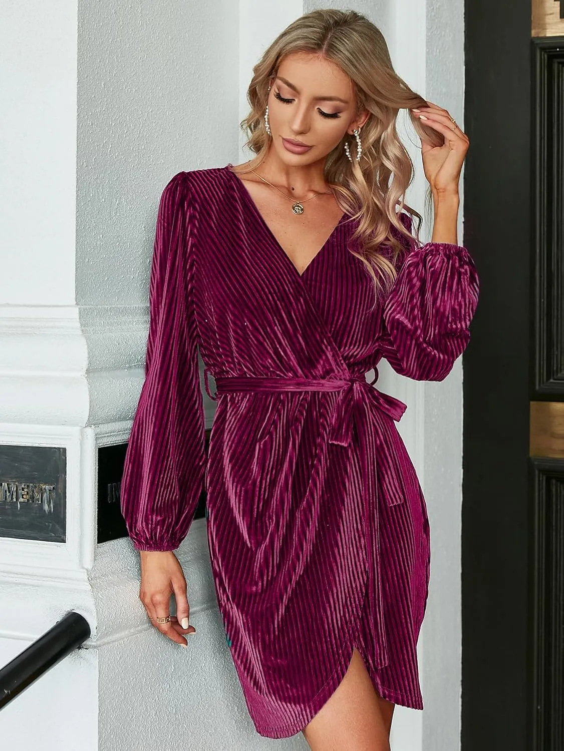 BerryGo Women's Long Sleeve Wrap Semi Formal Velvet Mini Dress Sexy Cocktail Party Winter Club Dress