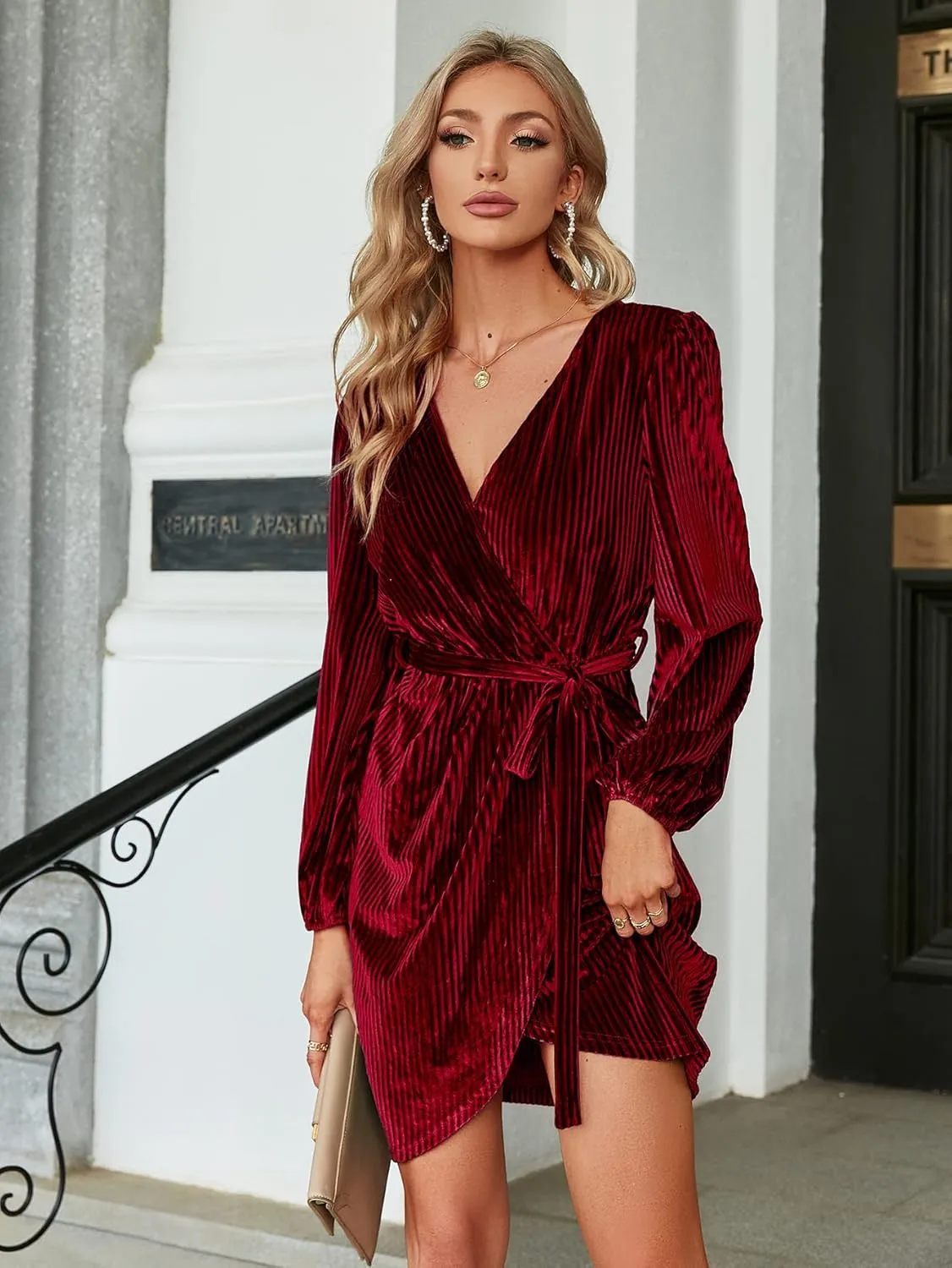 BerryGo Women's Long Sleeve Wrap Semi Formal Velvet Mini Dress Sexy Cocktail Party Winter Club Dress