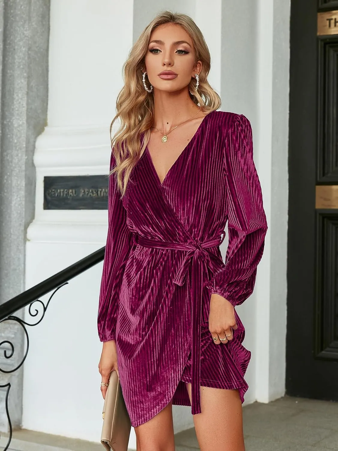 BerryGo Women's Long Sleeve Wrap Semi Formal Velvet Mini Dress Sexy Cocktail Party Winter Club Dress