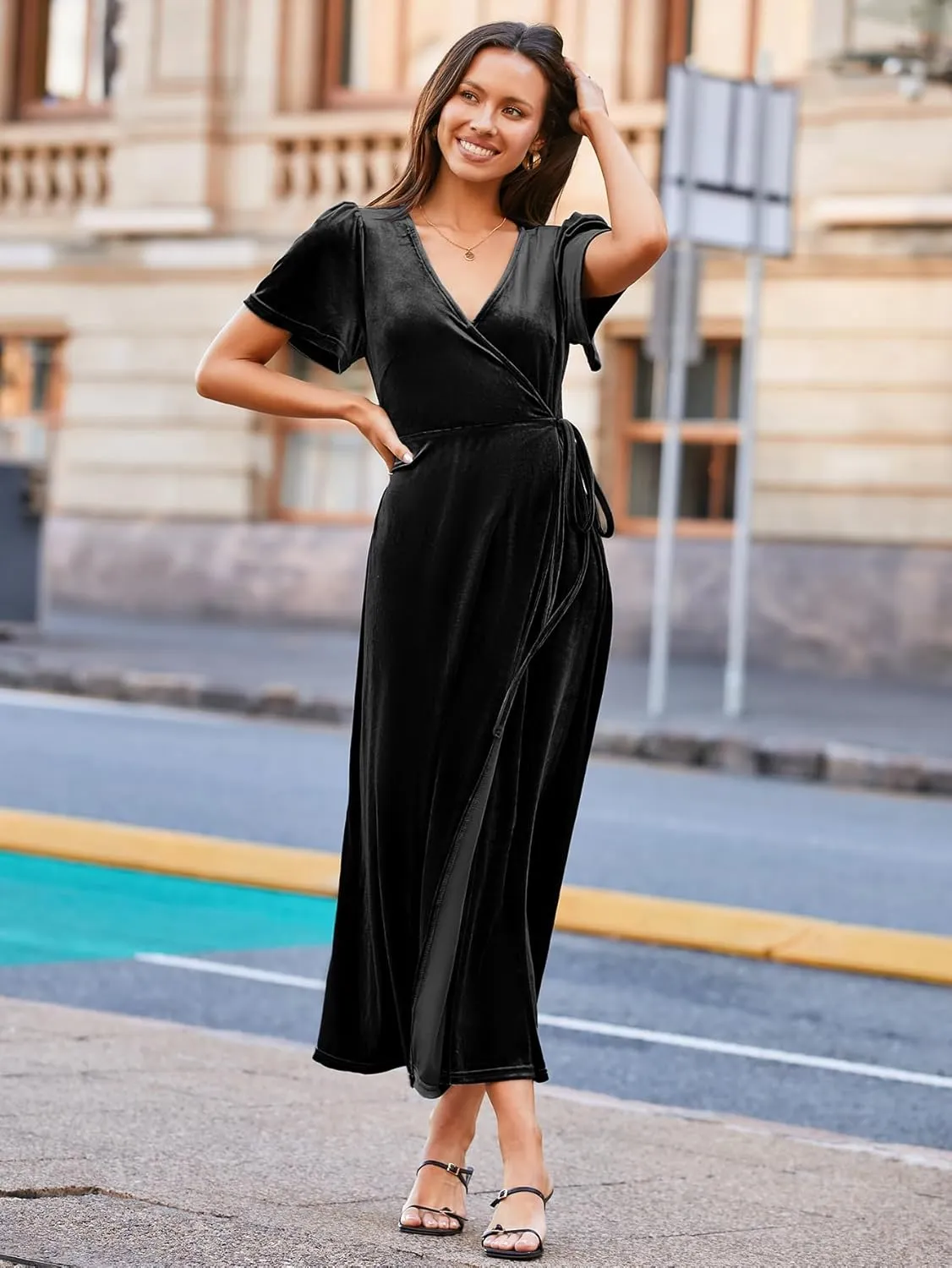 BerryGo Women's Velvet V Neck Wrap Fall Maxi Dress Formal Bell Sleeve Bridesmaid Cocktail Party Long Dresses