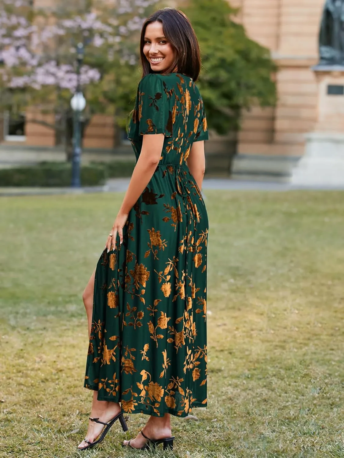 BerryGo Women's Velvet V Neck Wrap Fall Maxi Dress Formal Bell Sleeve Bridesmaid Cocktail Party Long Dresses