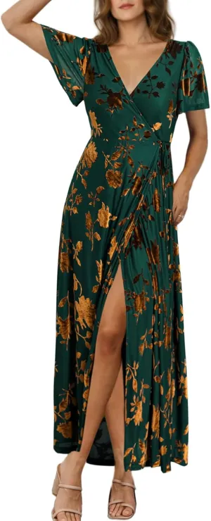 BerryGo Women's Velvet V Neck Wrap Fall Maxi Dress Formal Bell Sleeve Bridesmaid Cocktail Party Long Dresses