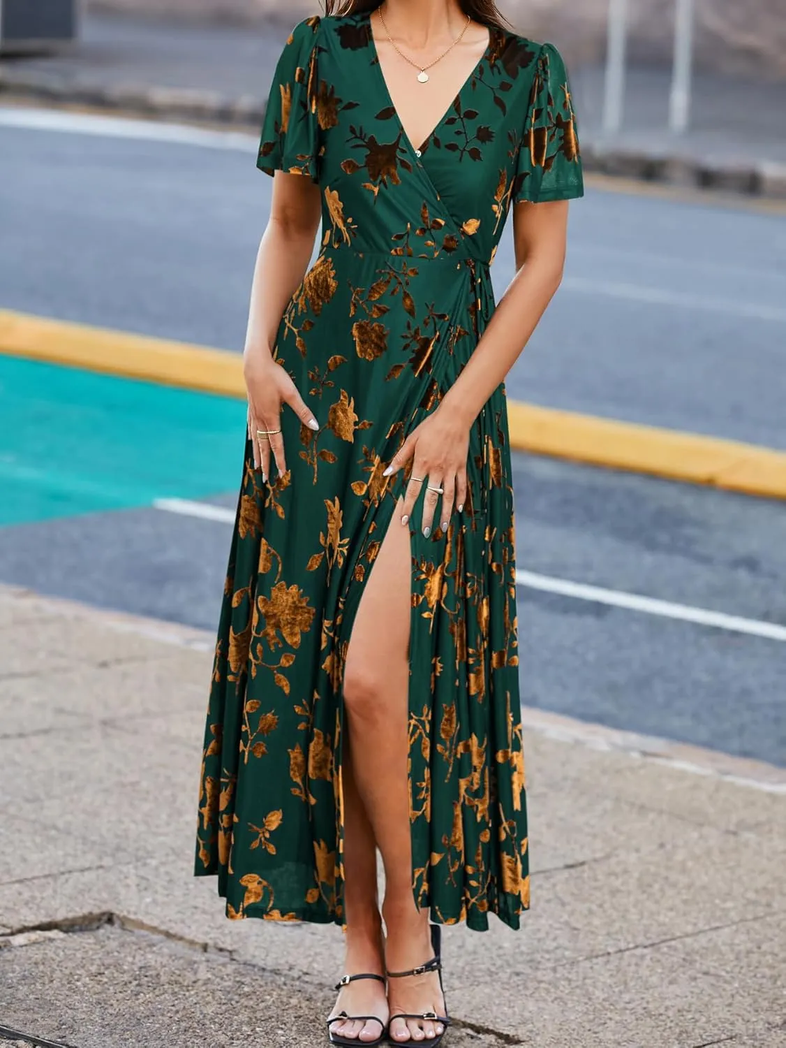 BerryGo Women's Velvet V Neck Wrap Fall Maxi Dress Formal Bell Sleeve Bridesmaid Cocktail Party Long Dresses