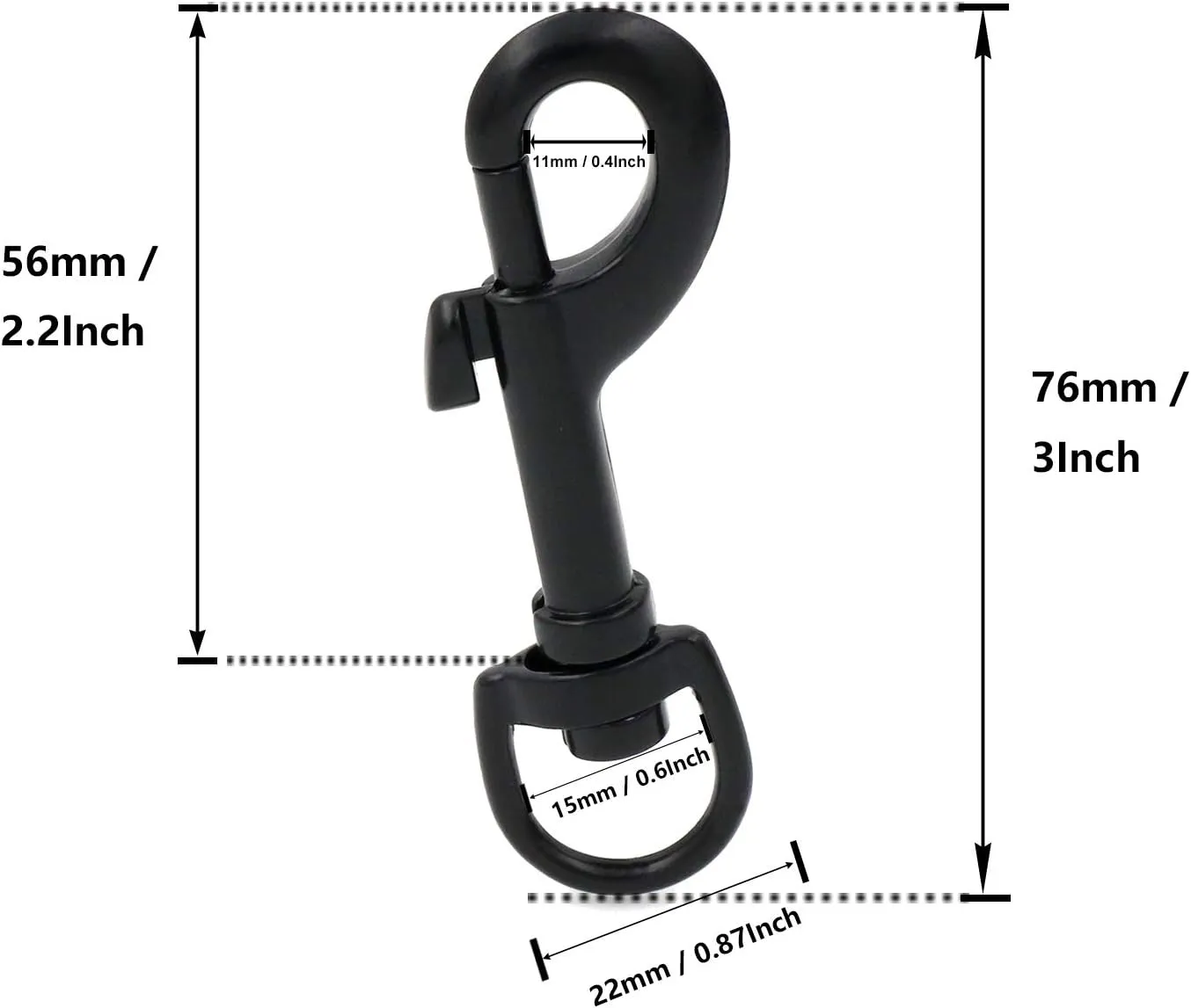 BIKICOCO 3/5'' Swivel Bolt Snap Hook Lobster Claw Clasp Trigger Spring Loaded Clip, D-Ring Ended, Black - Pack of 10