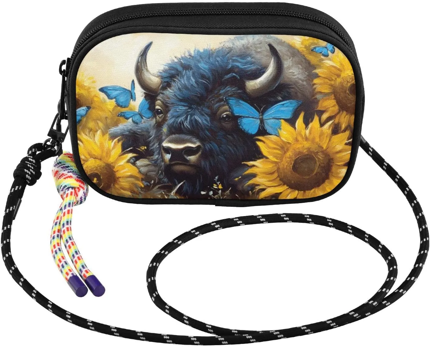 Bison Sunflower Cute Crossbody Bags for Women Cell Phone Purses Women's Shoulder Handbag Wallet Purse with Rope Pendant