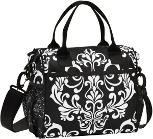 Black Damask Baroque Floral Lunch Bag Reusable Insulated Lunch Box Cooler Tote Removable Shoulder Strap Meal Picnic Bags for Outdoor Travel Office Work Small