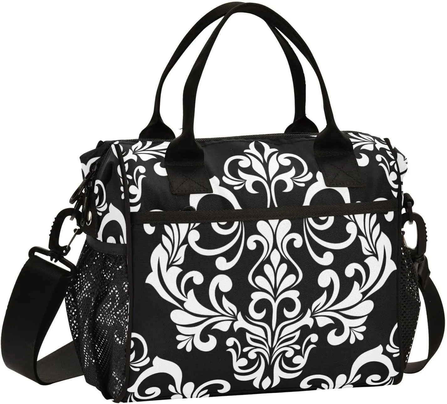 Black Damask Baroque Floral Lunch Bag Reusable Insulated Lunch Box Cooler Tote Removable Shoulder Strap Meal Picnic Bags for Outdoor Travel Office Work Small