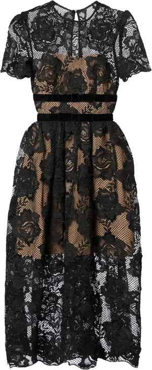 Black Lace Velvet Bow Midi Dress