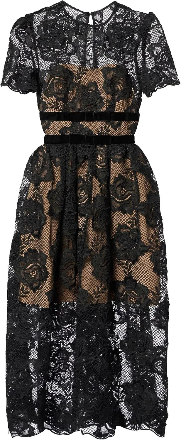 Black Lace Velvet Bow Midi Dress