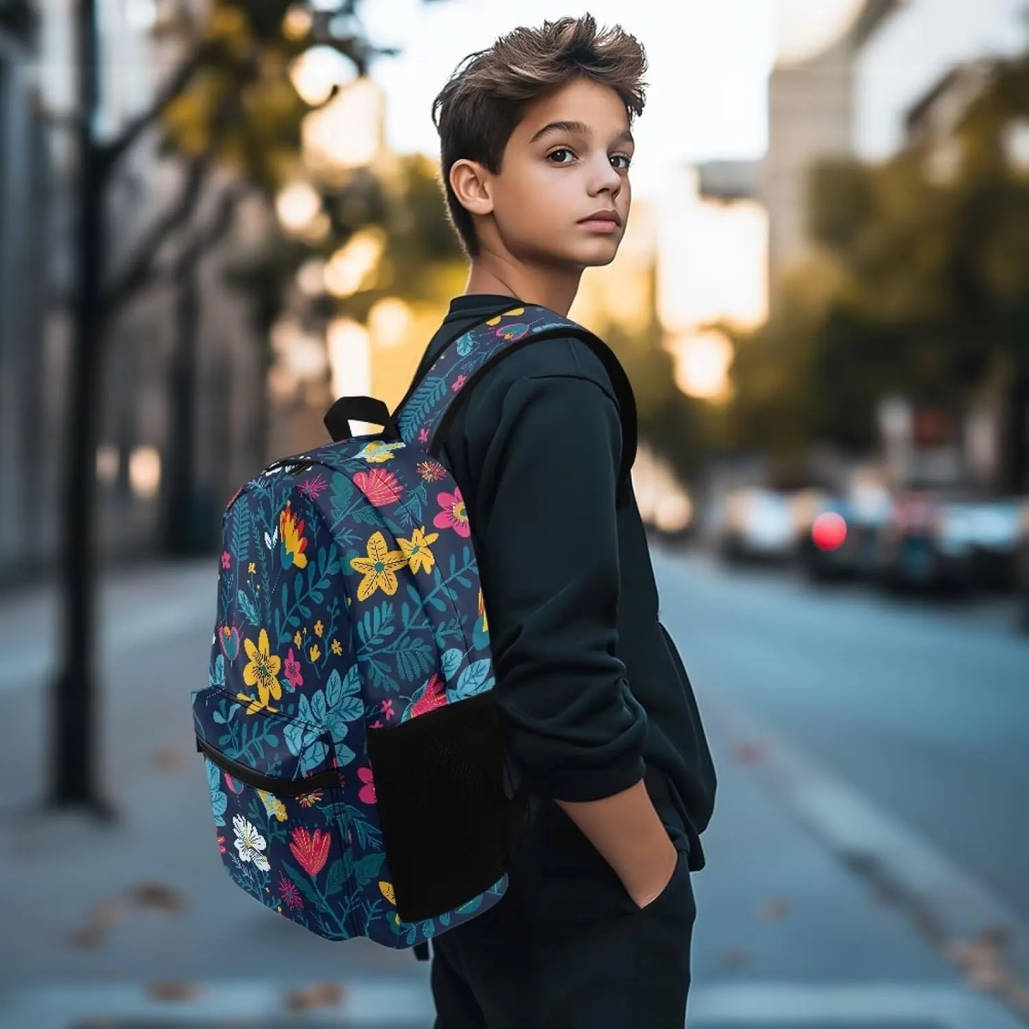Blue Floral Print Kids Backpack with Floral Design Lightweight School Bookbag for School Hiking Travel