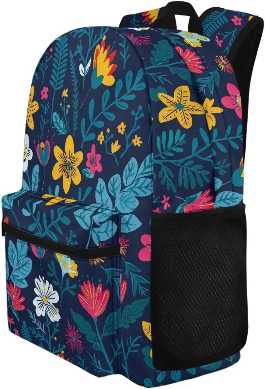 Blue Floral Print Kids Backpack with Floral Design Lightweight School Bookbag for School Hiking Travel