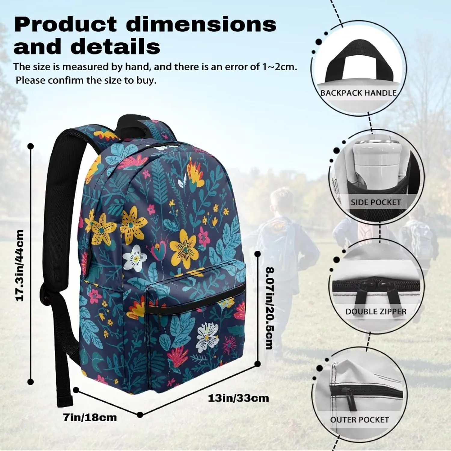 Blue Floral Print Kids Backpack with Floral Design Lightweight School Bookbag for School Hiking Travel