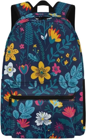 Blue Floral Print Kids Backpack with Floral Design Lightweight School Bookbag for School Hiking Travel