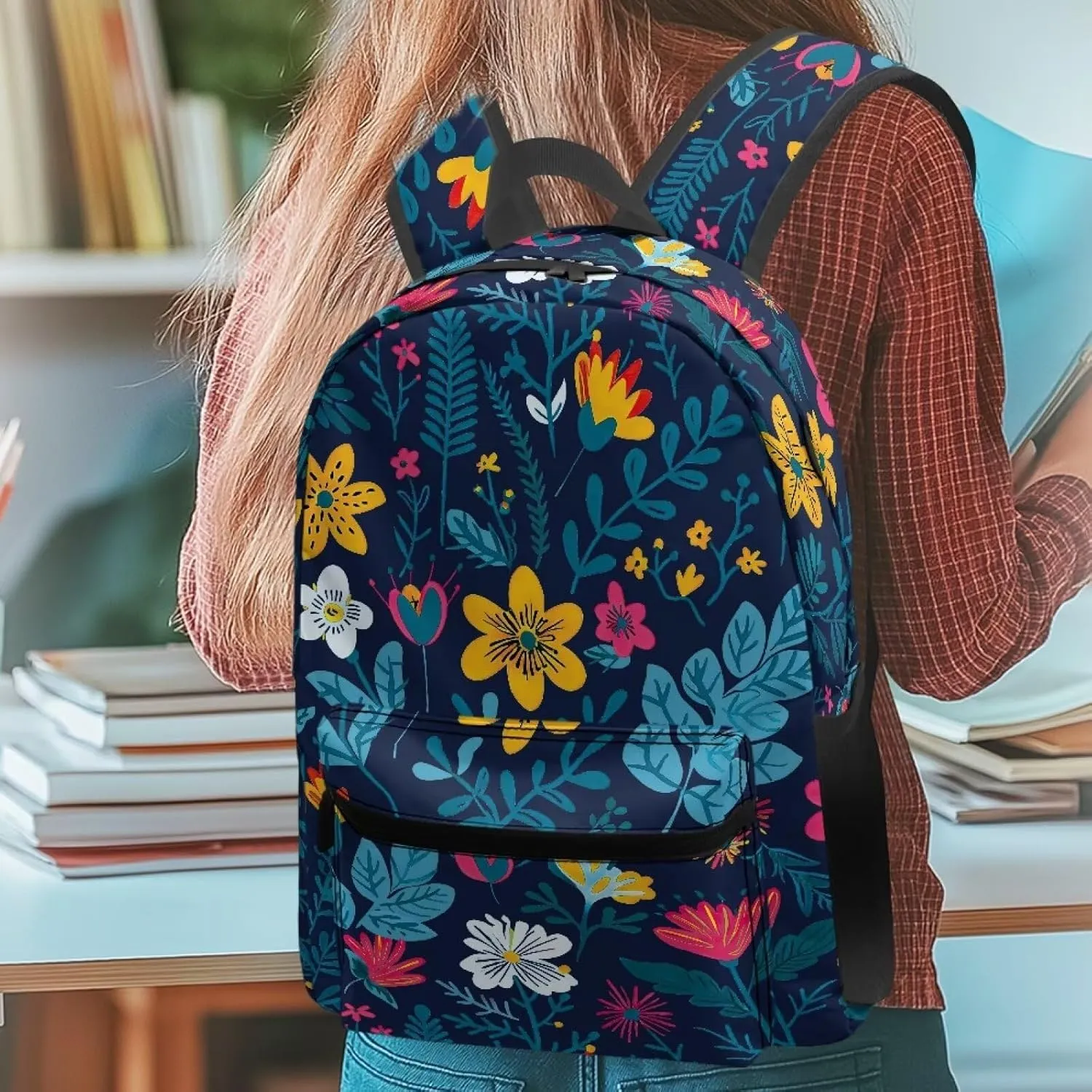 Blue Floral Print Kids Backpack with Floral Design Lightweight School Bookbag for School Hiking Travel