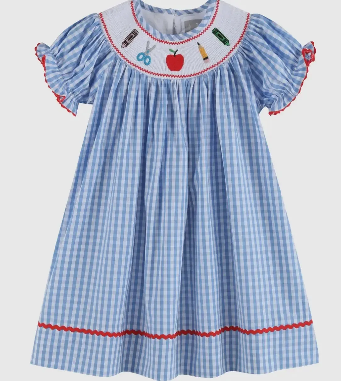Blue Gingham School Supplies Smocked Bishop Dress