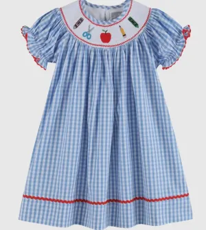 Blue Gingham School Supplies Smocked Bishop Dress