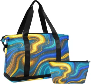 Blue Gold Marble Fluid Personal Item Travel Bag Sports Gym Tote Bag with Adjustable Strap for Airplane Traveling Multifunctional