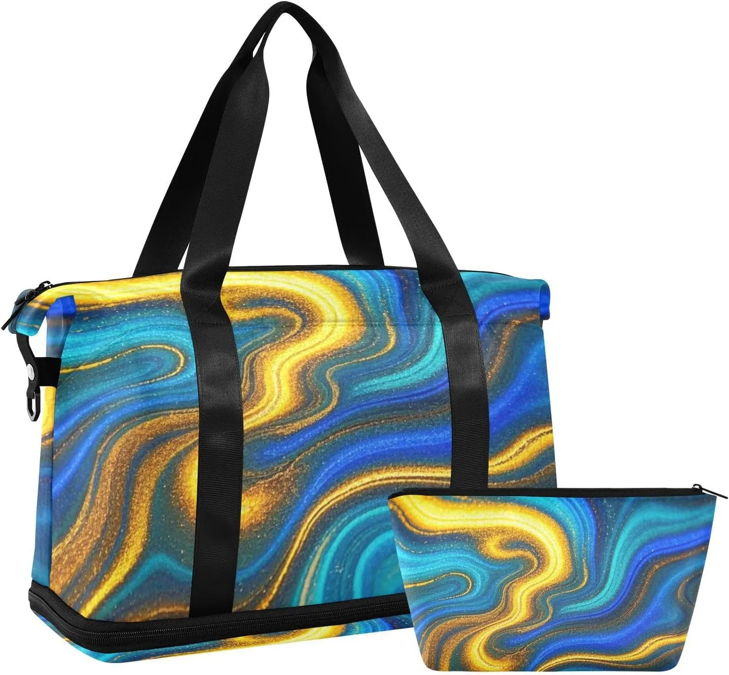 Blue Gold Marble Fluid Personal Item Travel Bag Sports Gym Tote Bag with Adjustable Strap for Airplane Traveling Multifunctional