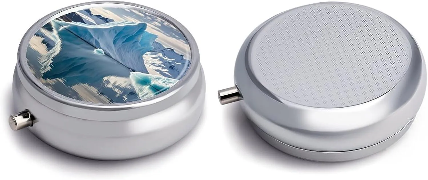 Blue Iceberg Medicine Pill Case, 3 Compartment Round Pill Box, Portable Decorative Medicine Organizer for Pocket Or Purse Vitamin Organize