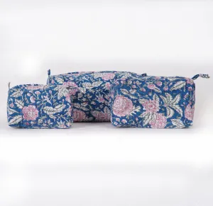 Blue Jaal Quilted Toiletry Pouch Set – Hand Block Printed (Set of 3)