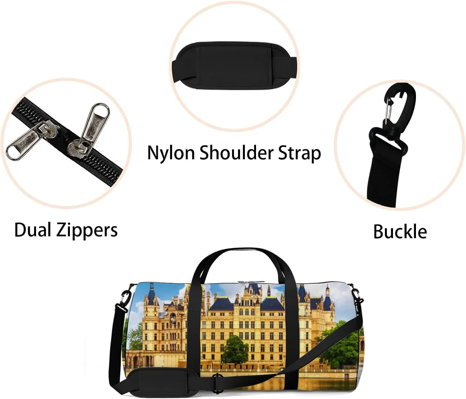 Blue Scenic Summer View Ancient Castle Schwerin Sports Bag Tote Bag Waterproof Gym Bag with Shoulder Strap Zipper 2 Side Pockets for Men and Women, Travel and Storage Shoulder Bag.