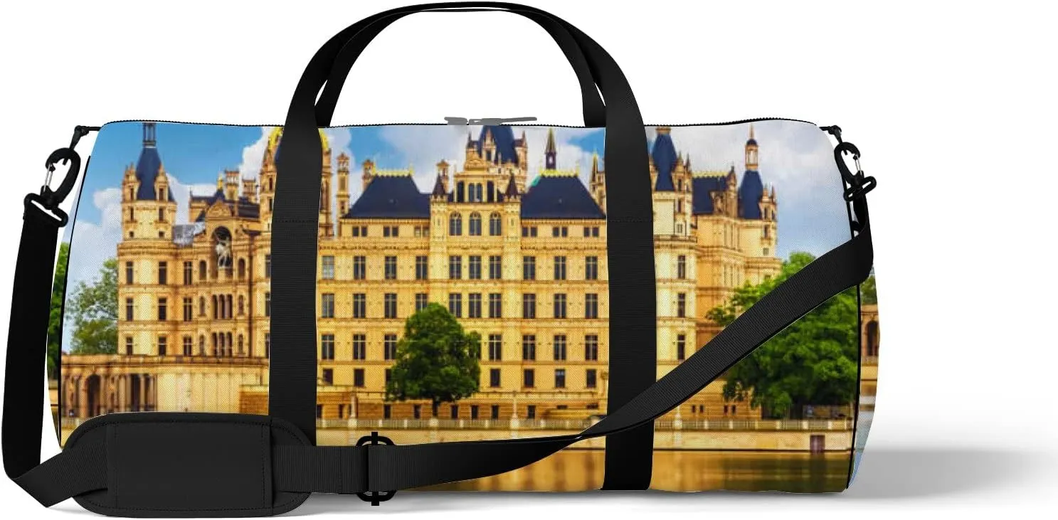Blue Scenic Summer View Ancient Castle Schwerin Sports Bag Tote Bag Waterproof Gym Bag with Shoulder Strap Zipper 2 Side Pockets for Men and Women, Travel and Storage Shoulder Bag.