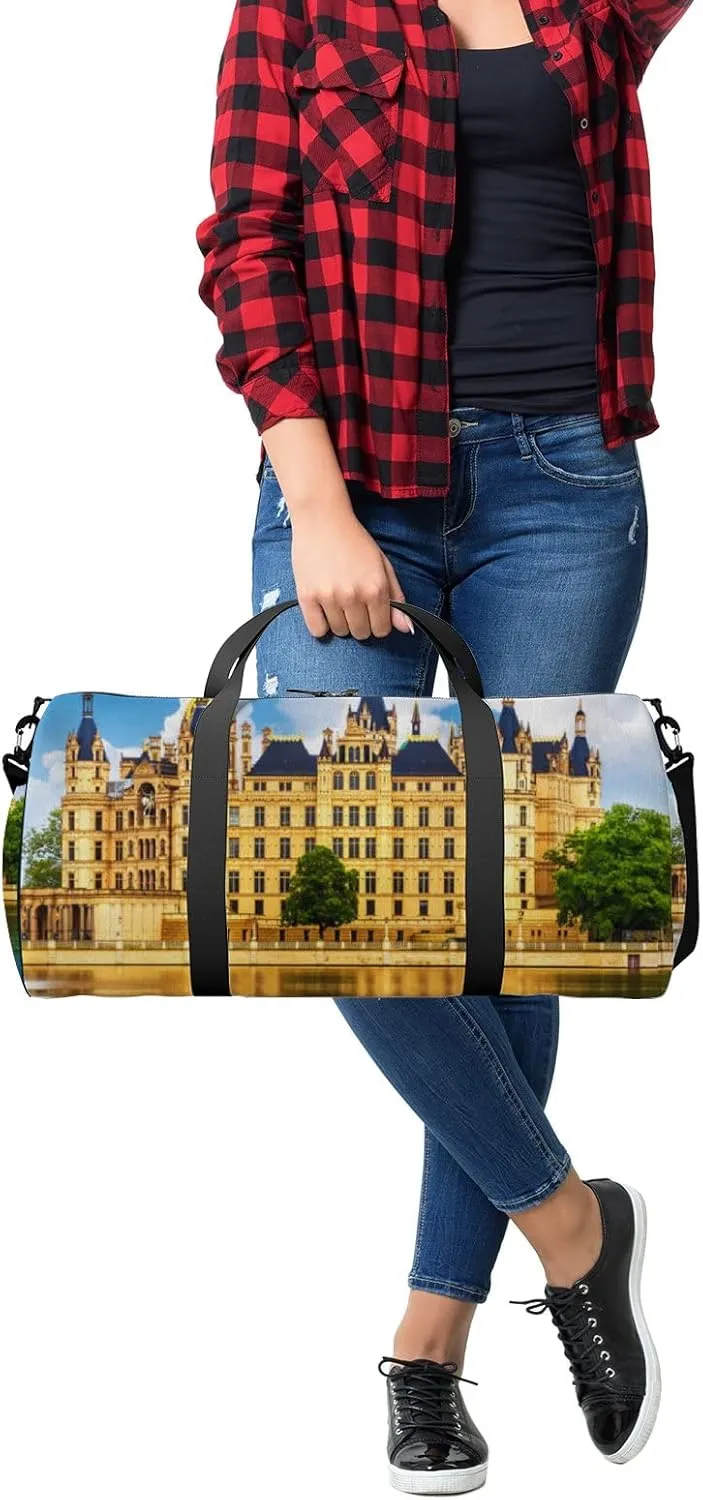 Blue Scenic Summer View Ancient Castle Schwerin Sports Bag Tote Bag Waterproof Gym Bag with Shoulder Strap Zipper 2 Side Pockets for Men and Women, Travel and Storage Shoulder Bag.