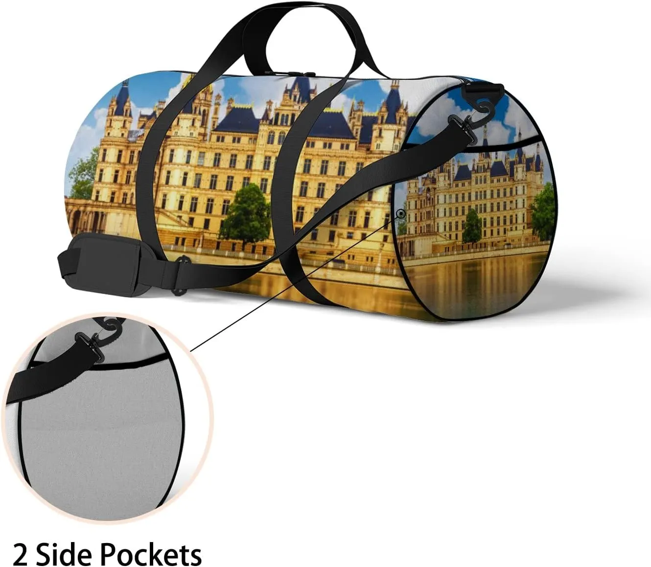 Blue Scenic Summer View Ancient Castle Schwerin Sports Bag Tote Bag Waterproof Gym Bag with Shoulder Strap Zipper 2 Side Pockets for Men and Women, Travel and Storage Shoulder Bag.