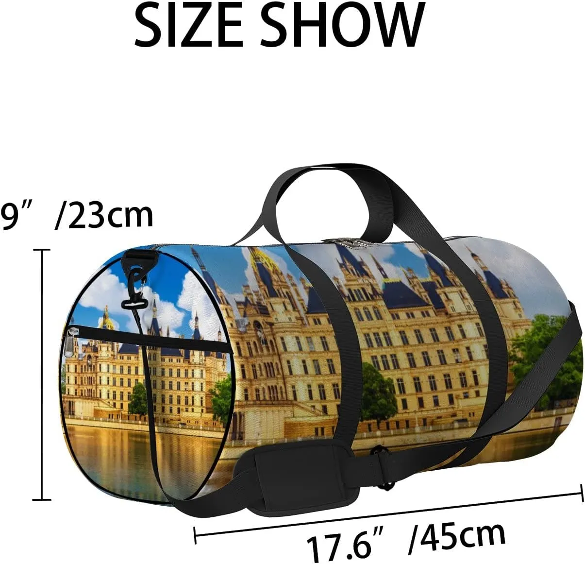 Blue Scenic Summer View Ancient Castle Schwerin Sports Bag Tote Bag Waterproof Gym Bag with Shoulder Strap Zipper 2 Side Pockets for Men and Women, Travel and Storage Shoulder Bag.