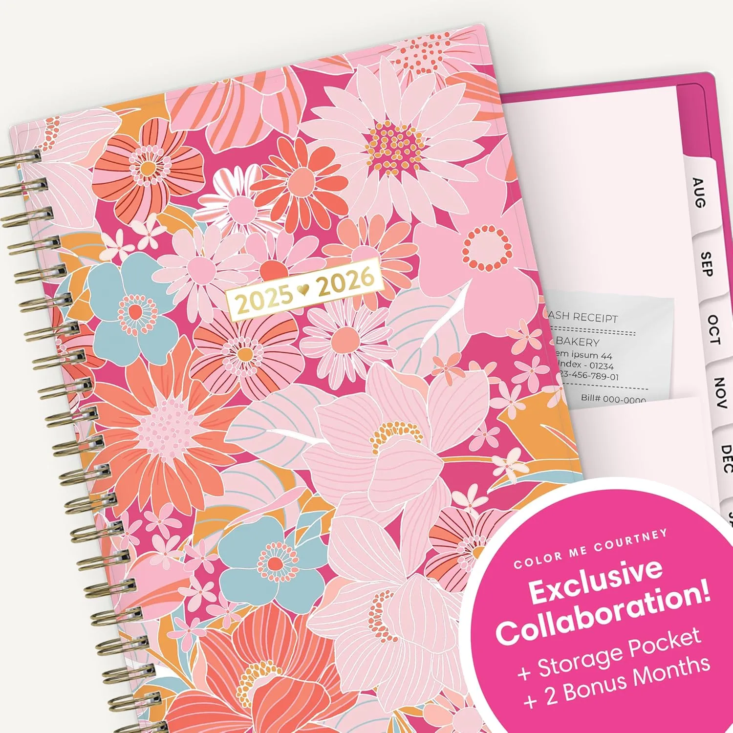 Blue Sky Color Me Courtney 2025-2026 Academic Year Weekly and Monthly Planner Calendar, July 2025 - June 2026, 12-Month, 5" x 8", Flexible Cover, Wirebound, Laminated Tabs, Storage Pocket, Bloom Pink
