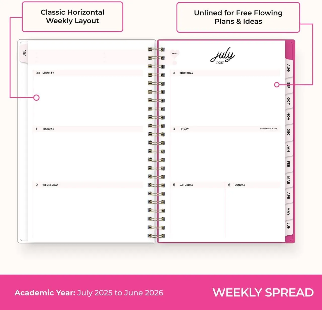 Blue Sky Color Me Courtney 2025-2026 Academic Year Weekly and Monthly Planner Calendar, July 2025 - June 2026, 12-Month, 5" x 8", Flexible Cover, Wirebound, Laminated Tabs, Storage Pocket, Bloom Pink